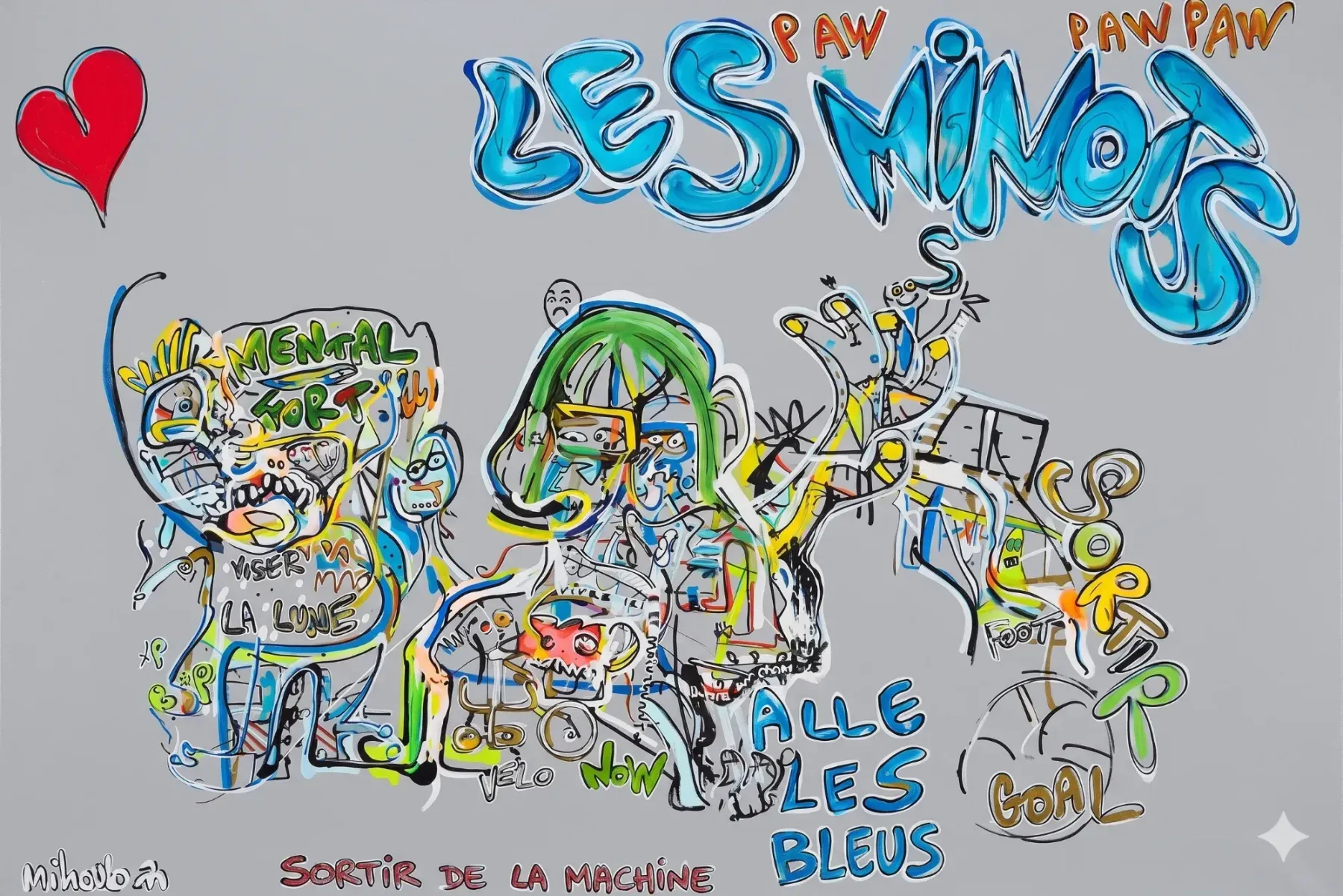L’œuvre de l’artiste Mihoub : « Les Minots » en grandes lettres graffées bleues, au-dessus de personnages colorés et de mots peints — « mental fort », « viser la lune », « sortir de la machine », « allez les bleus ».
