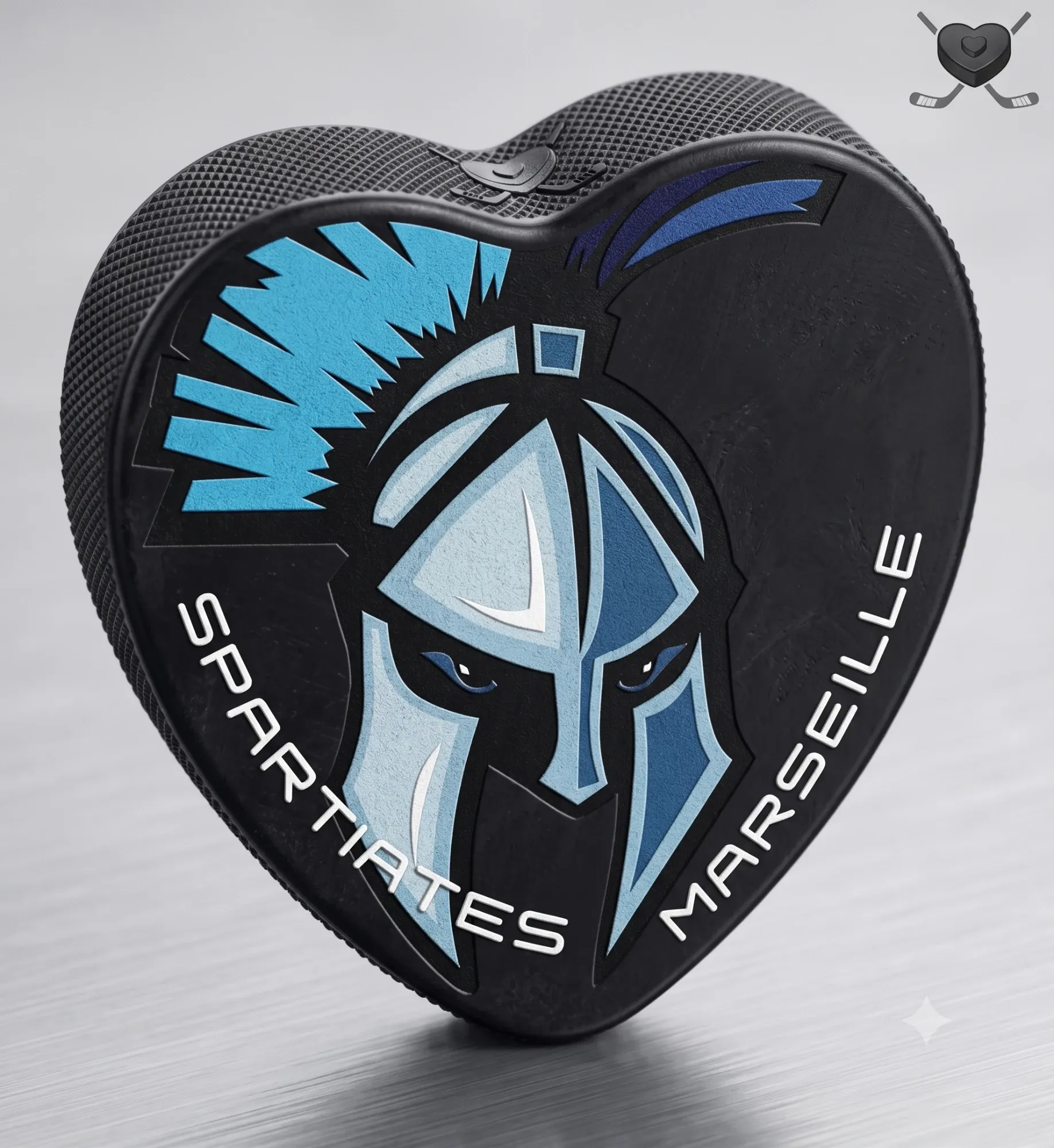 Un palet de hockey en forme de cœur aux couleurs des Spartiates de Marseille.